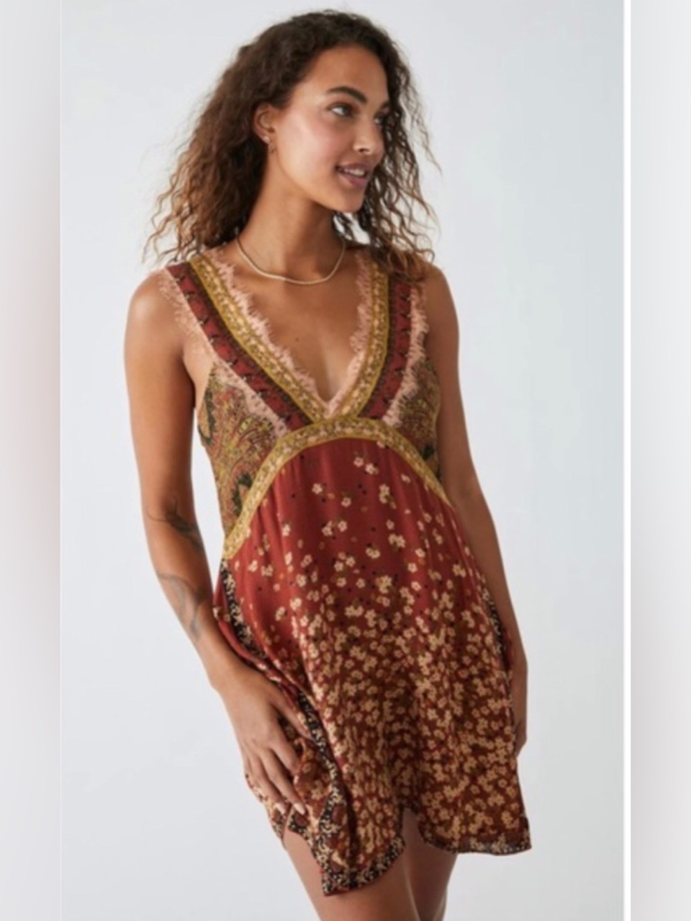 Free People East Willow Trapeze Slip Dress in Rust and Gold